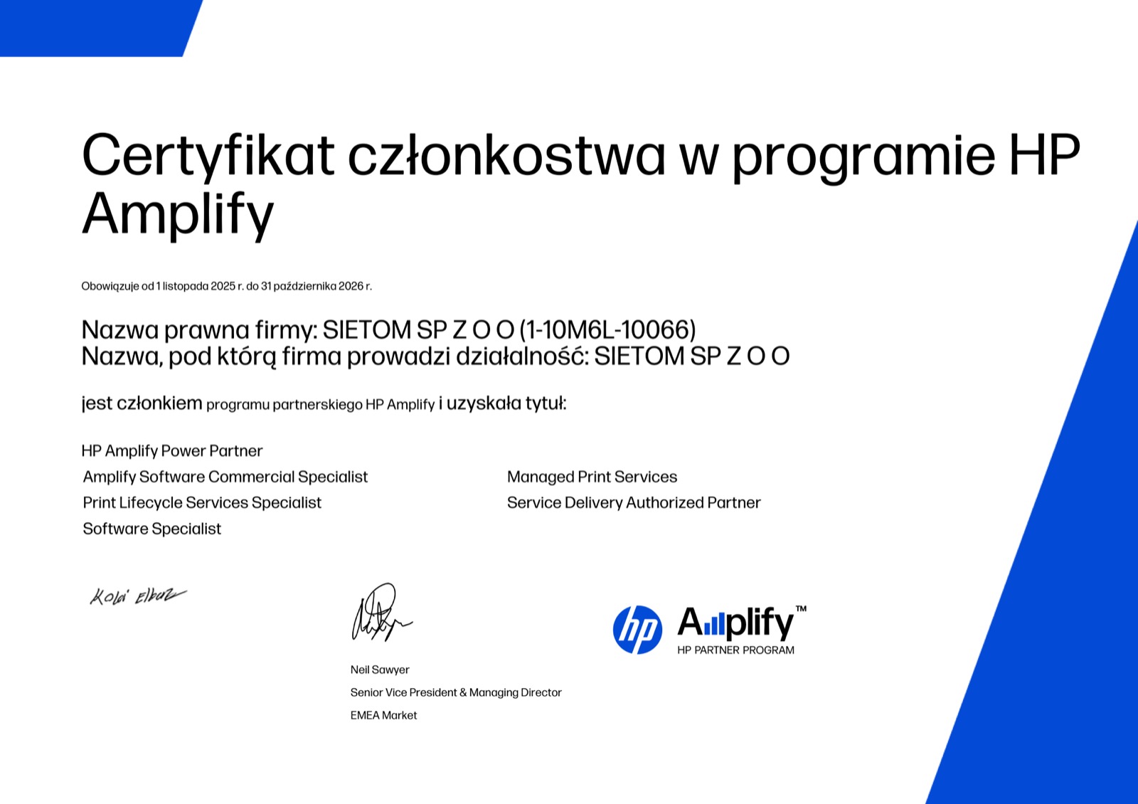 Certyfikat członkostwa w programie HP Amplify